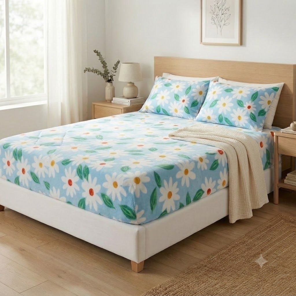 ست ملحفه یا کاور تشک تمام کش آبی گلدار سایز کینگ ابعاد 180*200 سانتی متر همراه یک جفت رو بالشی ابعاد 50*70 سانتی متر