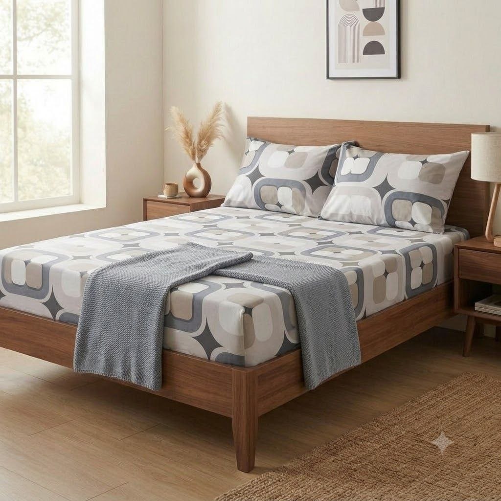 ست ملحفه یا کاور تشک تمام کش طوسی طرح دار سایز کینگ ابعاد 180*200 سانتی متر همراه یک جفت رو بالشی ابعاد 50*70 سانتی متر