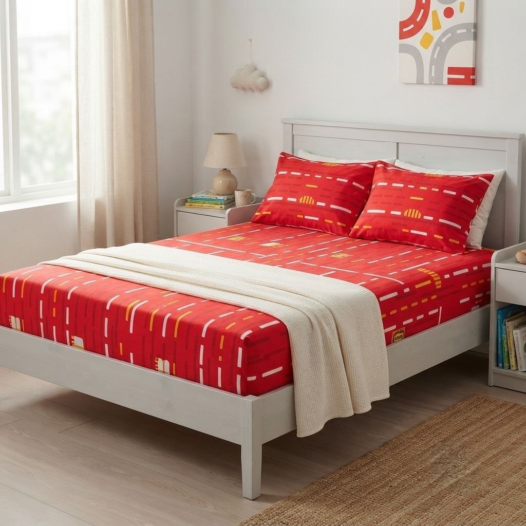 ست ملحفه یا کاور تشک تمام کش قرمز طرح دار سایز کینگ ابعاد 180*200 سانتی متر همراه یک جفت رو بالشی ابعاد 50*70 سانتی متر
